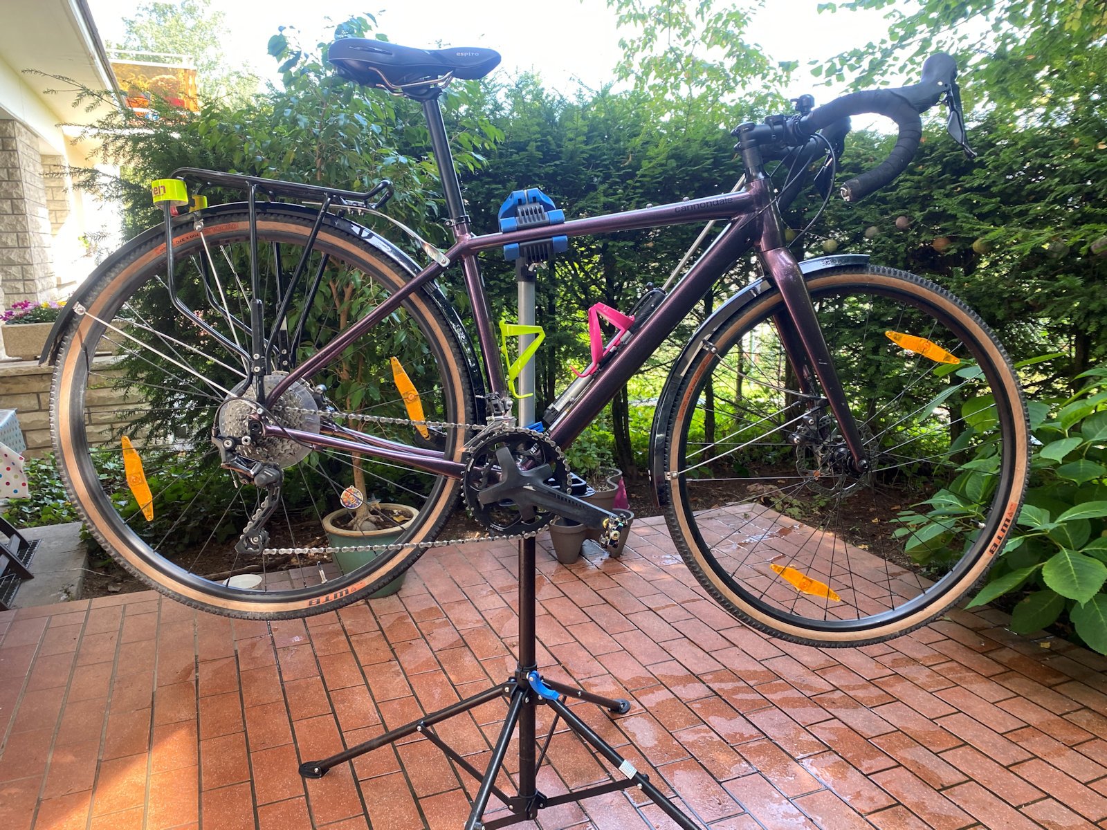 A dark purple gravel bike on a bike stand. She's sparkly clean and has one pink and one lime green bottle cage. Black bar tape, mud guards, rear rack. Akasha the sparkly purple gravel bike